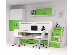 Detská vyvýšená poschodová posteľ s písacím stolom a prístelkou MAXÍK 1 200x80 cm - zelená + matrac ZADARMO