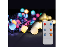 Solight LED 2v1 vonkajšia vianočná reťaz, guľa, diaľkový ovládač, 100LED, RGB+biela, 10m+5m, 8 funkcií, IP44