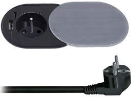 Solight 1z + USB A + C 20W PD vstavaná zásuvka s posuvným viečkom, 2m, strieborná