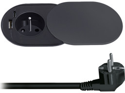 Solight 1z + USB A + C 20W PD vstavaná zásuvka s posuvným viečkom, 2m, matná čierna