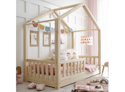 Detská domčeková Montessori posteľ z masívu borovice Bedhouse FENCE - 160x80 cm