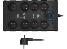 Solight prepäťová ochrana, 8z, USB A + CA, 2m, čierna
