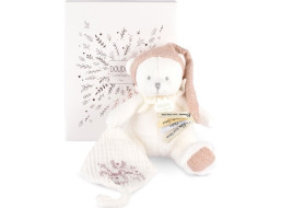 Doudou Darčeková sada Plyšový medvedík s úchytom na cumlík a dečkou ružový 20 cm