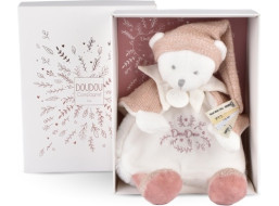 Doudou Darčeková sada Plyšový muchláčik medvedík s čiapočkou ružový 25 cm
