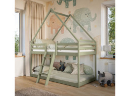 Detská poschodová domčeková posteľ s Montessori lôžkom z masívu borovice SVEN - 200x90 cm - OLIVOVO ZELENÁ