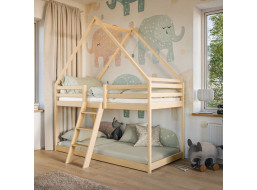 Detská poschodová domčeková posteľ s Montessori lôžkom z masívu borovice SVEN - 200x90 cm - PRÍRODNÁ