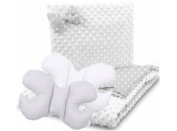 Detská deka do kočíka s vankúšikom a motýlikom - BABYMAM PREMIUM set 3v1 - Biele bodky na šedej s bielou minky