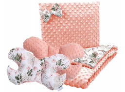 Detská deka do kočíka s vankúšikom a motýlikom - BABYMAM PREMIUM set 3v1 - Romantické kvety s marhuľovou minkou
