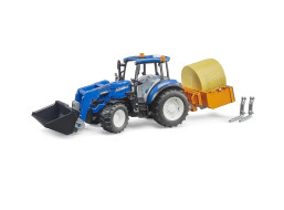 Bruder Traktor New Holland T5.120 s čelným nakladačom, korbou, vidlami a okrúhlym balíkom