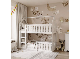 Detská poschodová domčeková posteľ z masívu borovice MINI s Montessori lôžkom - 160x80 cm - biela