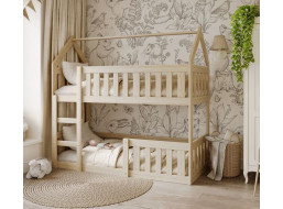 Detská poschodová domčeková posteľ z masívu borovice MINI s Montessori lôžkom - 190x80 cm - prírodná borovica