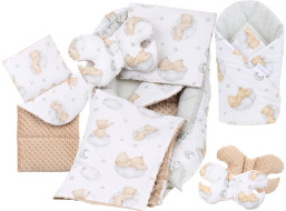 Obojstranné hniezdočko (kokon) pre bábätko - BABYMAM PREMIUM set 7v1 - Medvedík v oblakoch s béžovou minkou