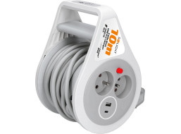 Solight predlžovací prívod na bubne 10m, USB A+C, 2 zásuvky, sivý kábel, 3x 1,0mm2