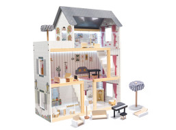 MDF drevený domček pre bábiky + nábytok 78cm čierny LED