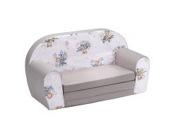 Detská rozkladacia MINI pohovka Macko v lietadle- biela/sivá