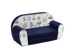 Detská rozkladacia MINI pohovka Vlk a kamaráti - biela/tmavo modrá