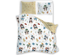 Bavlnené obliečky SCANDIC Tučniaky s darčekmi - biele / béžové - 160x200 cm