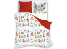 Bavlnené obliečky SCANDIC Zimná dedinka - biele / červené - 140x200 cm