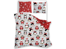 Bavlnené obliečky SCANDIC Tučniaky - šedé / červené - 220x200 cm