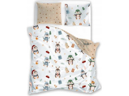 Bavlnené obliečky SCANDIC Tučniaky s darčekmi - biele / béžové - 220x200 cm