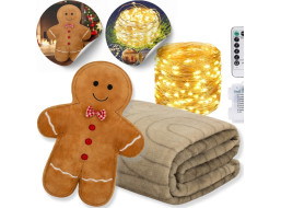 Vianočná sada PERNÍČEK - deka 130x170 cm + tvarovaný vankúšik + LED svetelný záves