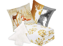 Vianočná sada NIEVE - deka 150x200 cm + obliečky na vankúš + tvarovaný vankúš Stromček