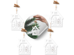 Vianočné drevené ozdoby na stromček Biely domček - 4 kusy