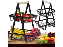 Dvojposchodový kôš na ovocie a zeleninu - čierny (kov, drevo)