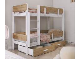 Detská poschodová posteľ z masívu borovice ETTORE so šuplíkmi 200x90 cm - biela/dub shetland, rebrík vľavo