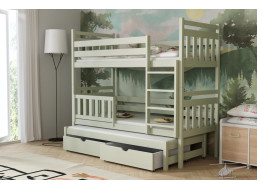 Detská poschodová posteľ z masívu borovice PETR s prístelkou a šuplíky - 200x90 cm - OLIVOVO ZELENÁ