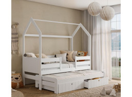 Detská domčeková posteľ z masívu borovice NOLAN so šuplíkmi a prístelkou - 200x90 cm - biela