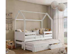 Detská domčeková posteľ z masívu borovice NOLAN II so šuplíkmi a prístelkou - 200x90 cm - biela