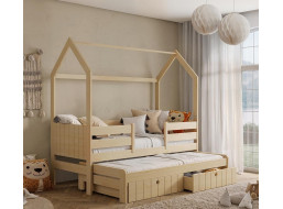 Detská domčeková posteľ z masívu borovice NOLAN II so šuplíkmi a prístelkou - 180x80 cm - prírodná borovica