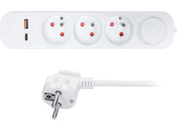 Solight predlžovací prívod 3 zásuvky, USB A + C 20W PD, 5m, 3 x 1mm2, biely, vypínač
