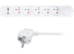 Solight predlžovací prívod 5 zásuviek, USB A + C 20W PD, 3m, 3 x 1mm2, biely, vypínač