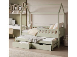 Detská domčeková posteľ z masívu borovice TIMMY so šuplíkmi a prístelkou - 180x80 cm - olivovo zelená
