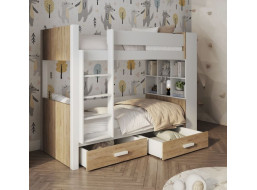 Detská poschodová posteľ z masívu borovice GASPAR so šuplíkmi a regálom - 180x80 cm - biela/dub shetland