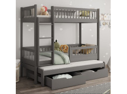 Detská poschodová posteľ z masívu borovice EVAN s prístelkou a šuplíky - 200x90 cm - grafitová [CLONE]