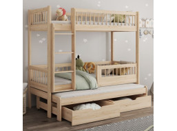 Detská poschodová posteľ z masívu borovice EVAN s prístelkou a šuplíky - 180x80 cm - prírodná borovica