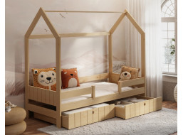 Detská domčeková posteľ z masívu borovice NAOMI so šuplíkmi - 180x80 cm - prírodná borovica