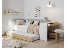 Detská posteľ s prístelkou a písacím stolom FREYA - 200x90 cm - biela/sivá/dub sonoma