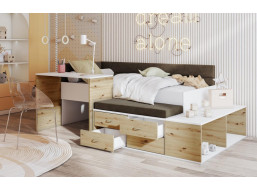 Detská posteľ s písacím stolom a úložnými priestormi AMIRA - 180x80 cm - biela/hnedá/dub artisan