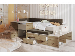 Detská posteľ s písacím stolom a úložnými priestormi AMIRA - 180x80 cm - kašmírová/hnedá/dub artisan