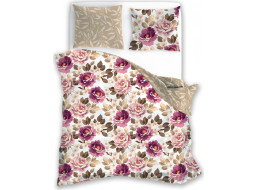 Saténové obliečky MILAGRO VERDE Fialové kvety - biele / béžové - 140x200 cm