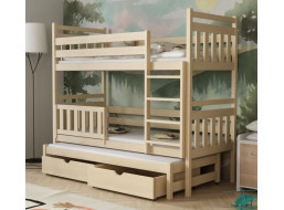 Detská poschodová posteľ z masívu borovice PETR s prístelkou a šuplíky - 200x90 cm