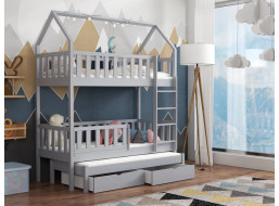 Detská domčeková poschodová posteľ z masívu borovice OTA s prístelkou a šuplíky - 200x90 cm - ŠEDÁ