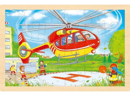 GOKI Drevené obojstranné puzzle Hasiči a vrtuľník 24 dielikov