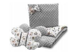 Detská deka do kočíka s vankúšikom a motýlikom - BABYMAM PREMIUM set 3v1 - Srnček a priatelia so šedou minky