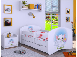 Detská posteľ so zásuvkou 180x90cm MAČIČKA s kytičkou - biela