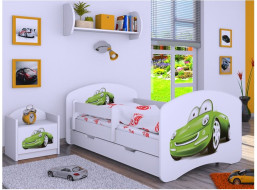 Detská posteľ so zásuvkou 160x80cm ZELENÉ AUTO - biela